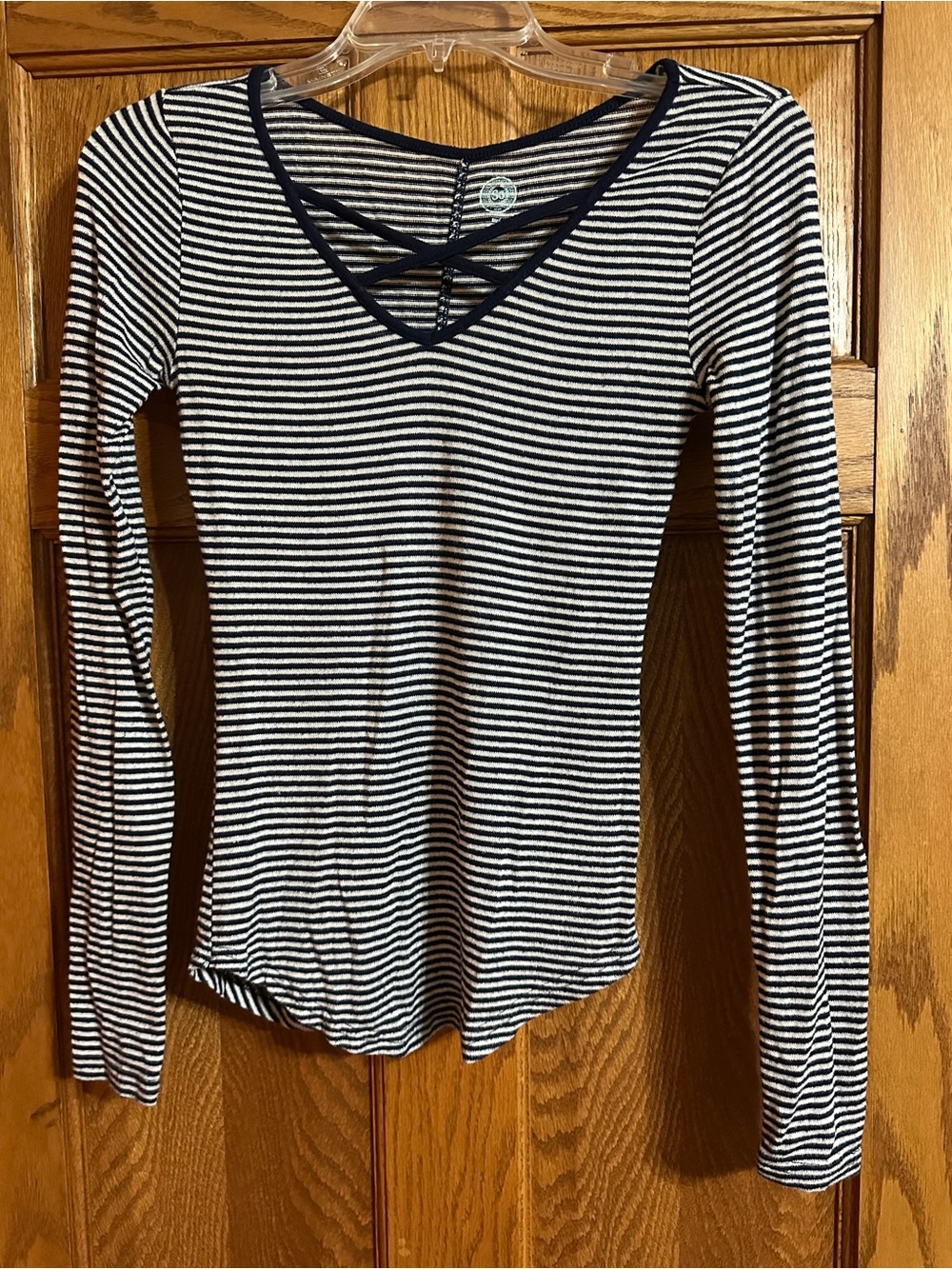 SO Navy & White Striped Long-Sleeve V-Neck Top